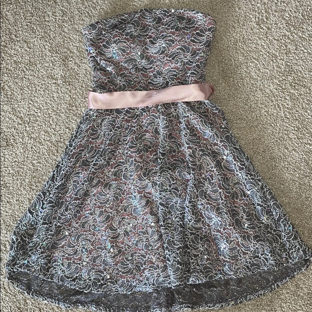 Sparkly pink lace strapless mini homecoming dress